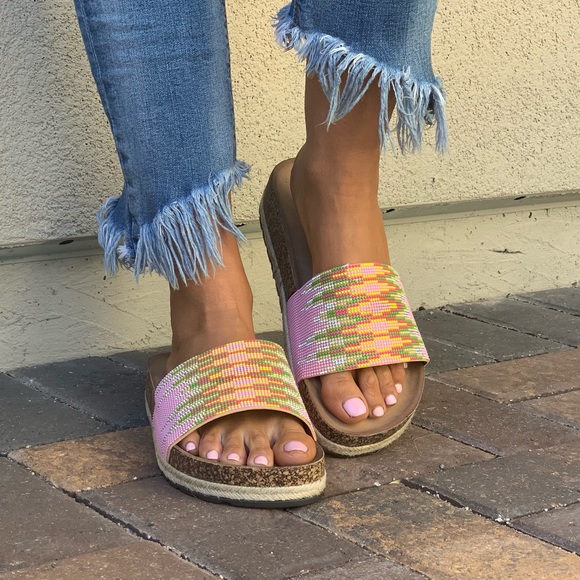 Boutique Shoes - Boho Pink Rhinestone Espadrille Platform Sandal